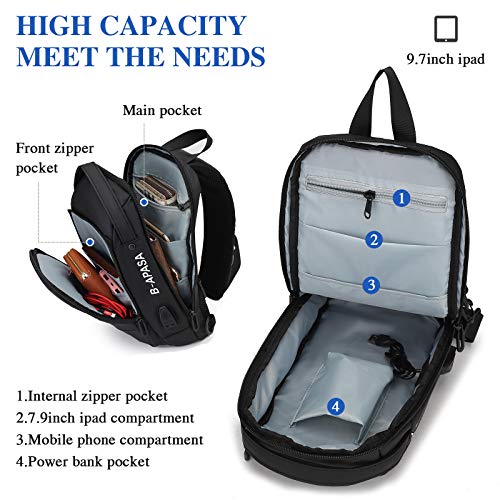 BAIGIO Bolsa Bandolera Hombre con USB, Bolsa de Pecho, Bolsa para Hombres para Senderismo Ligero Ciclismo Pecho Sling Crossbody Hombro Mochila Casual Impermeable Viajes (Negro)