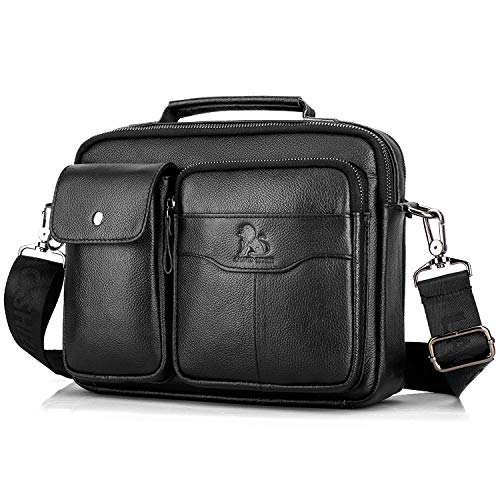 BAIGIO Maletín de Cuero Vintage para Portátil iPad Bolsa de Hombro o Negocios para Profesor Negocios Oficina o Universidad de Auténtica Piel (Negro)