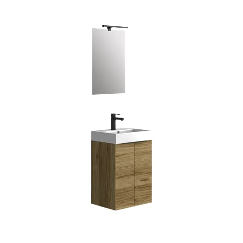 Baikal 280034090, Mueble de baño pequeño con Lavabo cerámico y Espejo con Aplique de luz LED, de Dos Puertas, Acabado en Color Teka, de fácil montado, Medidas: 45 x 36 x 60 cm