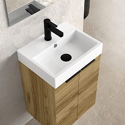 Baikal 280034090, Mueble de baño pequeño con Lavabo cerámico y Espejo con Aplique de luz LED, de Dos Puertas, Acabado en Color Teka, de fácil montado, Medidas: 45 x 36 x 60 cm