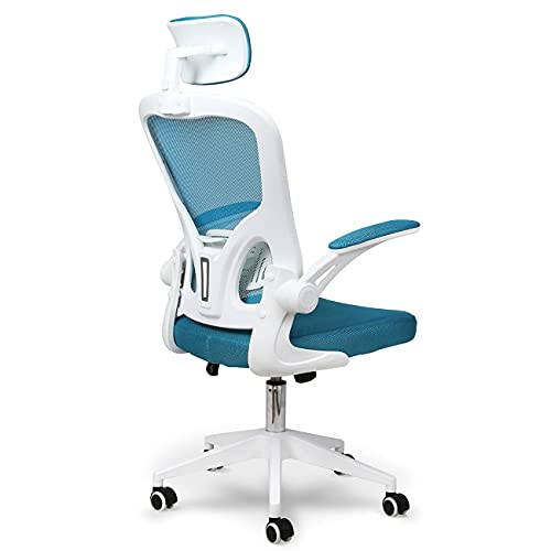 BAIRES4 - Silla Comoda de Escritorio, Silla de Oficina Ergonomica con Brazos Abatibles y Soporte Lumbar Ajustable, Reposacabezas Regulable, Sillon con Cojines Resistentes (Color Azul)