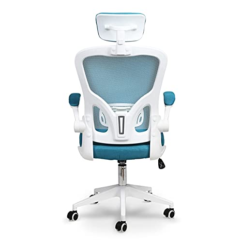 BAIRES4 - Silla Comoda de Escritorio, Silla de Oficina Ergonomica con Brazos Abatibles y Soporte Lumbar Ajustable, Reposacabezas Regulable, Sillon con Cojines Resistentes (Color Azul)