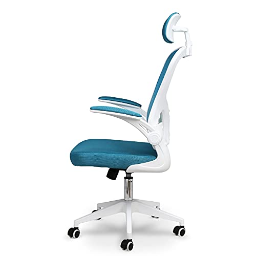 BAIRES4 - Silla Comoda de Escritorio, Silla de Oficina Ergonomica con Brazos Abatibles y Soporte Lumbar Ajustable, Reposacabezas Regulable, Sillon con Cojines Resistentes (Color Azul)