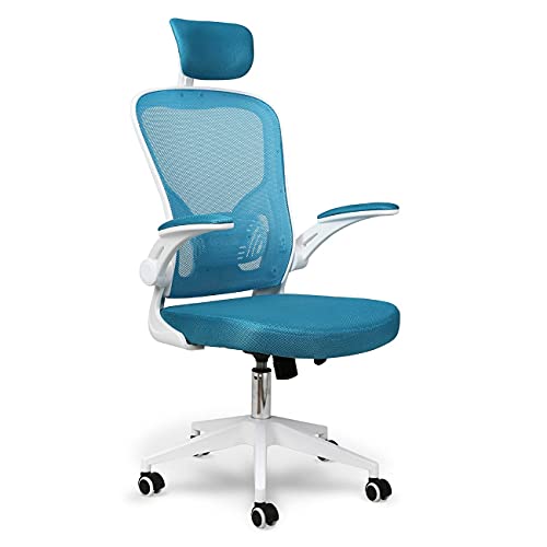 BAIRES4 - Silla Comoda de Escritorio, Silla de Oficina Ergonomica con Brazos Abatibles y Soporte Lumbar Ajustable, Reposacabezas Regulable, Sillon con Cojines Resistentes (Color Azul)