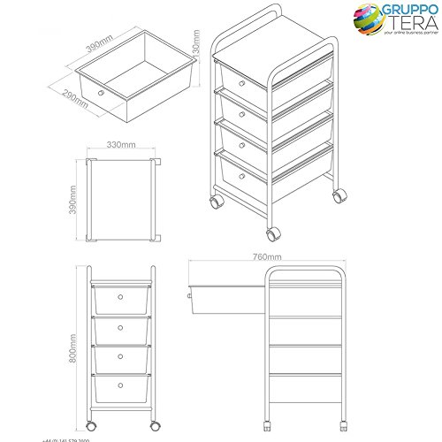 Bakaji carro esteticista de acero cromado cajonera 4 cajones extraíbles colores con 4 ruedas + Estante Superior carro carro con cajones uso Oficina Casa Muebles Baño Silver 32 x 37