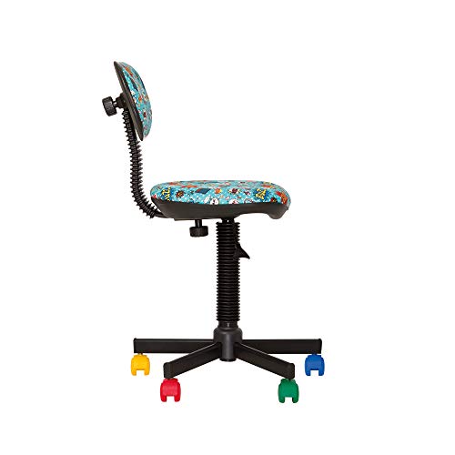 BAMBO – Silla de escritorio, infantil, ergonómica, altura del asiento de 42 cm a 56 cm, altura del respaldo ajustable, giratoria en 360°, ruedas multicolor/negras (Comics, Azul)