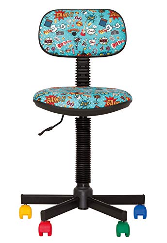 BAMBO – Silla de escritorio, infantil, ergonómica, altura del asiento de 42 cm a 56 cm, altura del respaldo ajustable, giratoria en 360°, ruedas multicolor/negras (Comics, Azul)