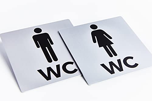 Bamodi XXL Cartel Aseos Adhesivo - Carteles WC Hombre y Mujer - Placa WC de Aluminio Cuadrada – PE-gatinas de Pared o Puerta – Acabado Acero Inoxidable – Fácil de Instalar – 2 Uds. – 12,5 x 12,5 cm