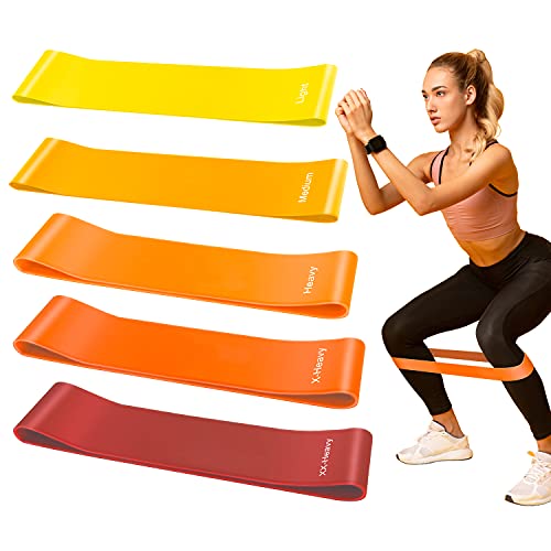 Bandas Elásticas Fitness Set de 5 Bandas de Resistencia Latex Natural Cintas Elásticas Musculación con Bolsa de Transporte para Ejercicios de Pilate, Yoga, Crossfit, Culturismo