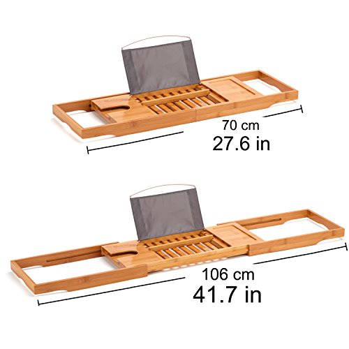 Bandeja Para Bañera de Bambú (Extensible) Lujoso Organizador de Spa con Laterales Plegables | Madera Natural y Ecológica | Atril Incorporado para Táblet, Smartphone, Libro y Soporte para Copas de Vino