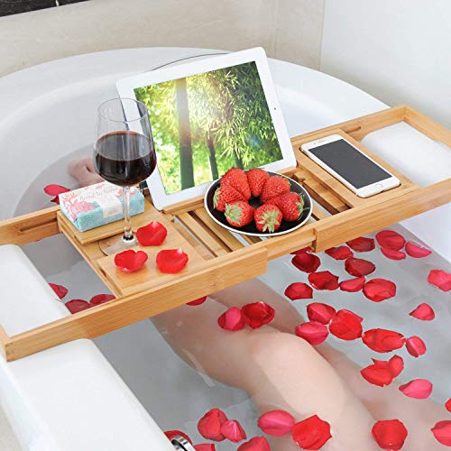 Bandeja Para Bañera de Bambú (Extensible) Lujoso Organizador de Spa con Laterales Plegables | Madera Natural y Ecológica | Atril Incorporado para Táblet, Smartphone, Libro y Soporte para Copas de Vino