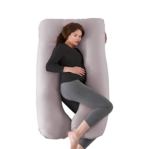 BANNIO Almohada Embarazada,Almohada de Embarazo, Almohada Antidolores Cuerpo Entero en Forma de U,Cojin Lactancia con Cremallera Funda de 100% Algodón Extraíble y Lavable,145x70cm(Gris Claro)