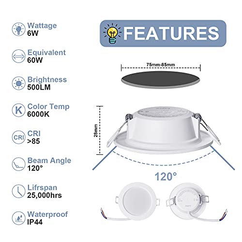 bapro 6x Foco Empotrable LED Techo, 6W 500LM 6000K Downlight Redondo Extraplano, para Ojos de Buey/Baño/salón/dormitorio/cocina(Frío blanco)