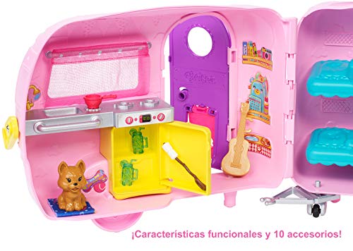 Barbie - Chelsea Muñeca y Su Caravana, con Perrito y Accesorios (Mattel FXG90)