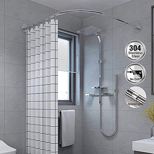 Barra de Ducha Curvada Ajustable en Forma de L, Extensible Barra de Cortina de Ducha Curvada sin Taladro Barra de Cortina Telescópica de Ducha 100% Inoxidable para Baño con Cortina De Ducha Y Gancho