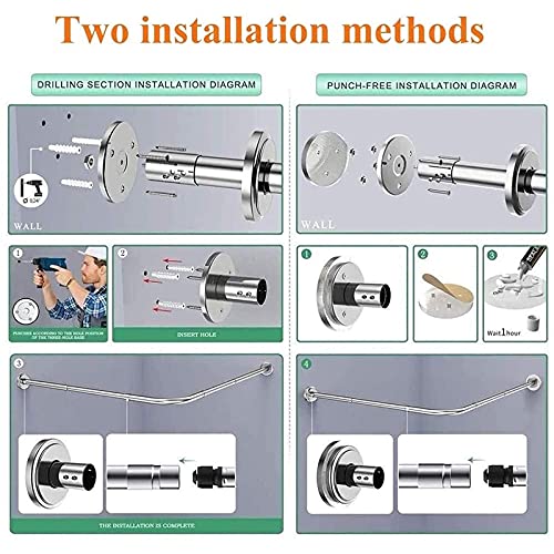 Barra de Ducha Curvada Ajustable en Forma de L, Extensible Barra de Cortina de Ducha Curvada sin Taladro Barra de Cortina Telescópica de Ducha 100% Inoxidable para Baño con Cortina De Ducha Y Gancho