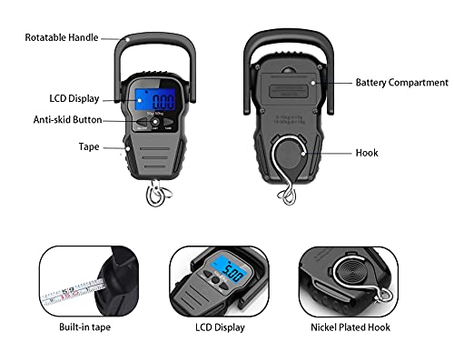 Báscula Digital portatil Básculas de Equipaje Escala de Pesca deViaje de Gancho con 1.6M Regla de Cinta de Medición para Pesar Maletas, Viajes, Cocina, Pescay Caza Incluida Pilas,Bolsas Estancas para