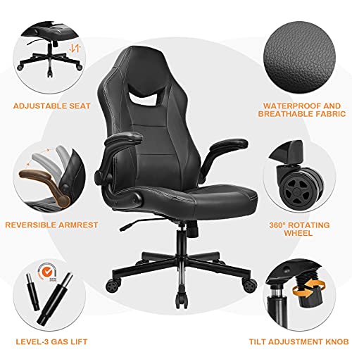 BASETBL Silla de Oficina ergonómica de Escritorio con Respaldo Alto y reposabrazos abatible, Altura Ajustable, Color Negro