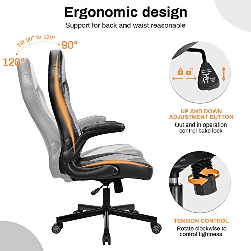 BASETBL Silla Oficina Ergonómica, Silla Gaming Cuero PU con Altura Ajustable, Silla Racing Butaca Plegable, Silla Escritoria Giratoria, Carga Máx 150kg (Gris)