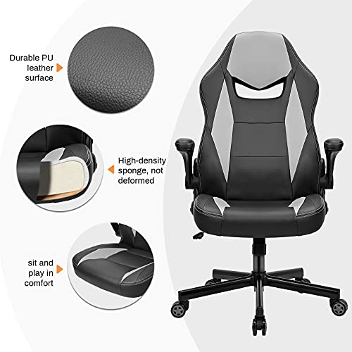 BASETBL Silla Oficina Ergonómica, Silla Gaming Cuero PU con Altura Ajustable, Silla Racing Butaca Plegable, Silla Escritoria Giratoria, Carga Máx 150kg (Gris)