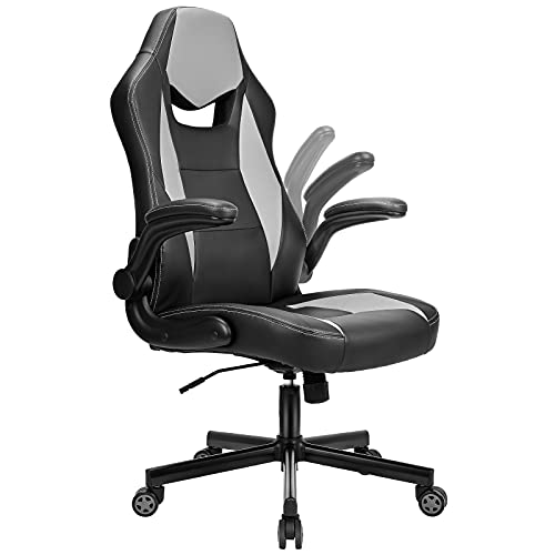 BASETBL Silla Oficina Ergonómica, Silla Gaming Cuero PU con Altura Ajustable, Silla Racing Butaca Plegable, Silla Escritoria Giratoria, Carga Máx 150kg (Gris)