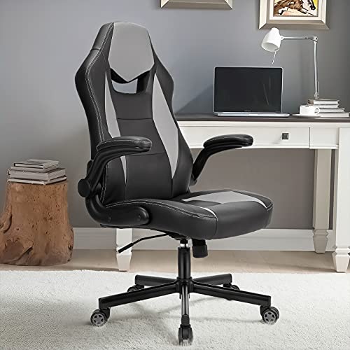 BASETBL Silla Oficina Ergonómica, Silla Gaming Cuero PU con Altura Ajustable, Silla Racing Butaca Plegable, Silla Escritoria Giratoria, Carga Máx 150kg (Gris)