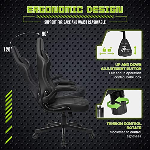 BASETBL Silla Oficina Gaming, Silla Escritorio Giratoria con Apoyabrazos Abatibles, Silla Racing con Soporte Lumbar, Silla para Juegos, Carga Máxima 150 kg (Negro)