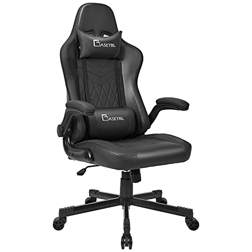 BASETBL Silla Oficina Gaming, Silla Escritorio Giratoria con Apoyabrazos Abatibles, Silla Racing con Soporte Lumbar, Silla para Juegos, Carga Máxima 150 kg (Negro)