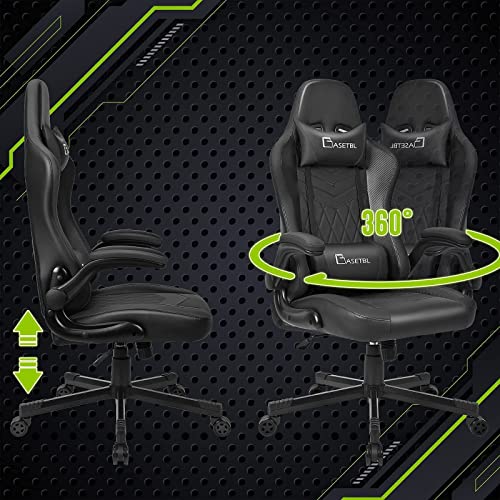 BASETBL Silla Oficina Gaming, Silla Escritorio Giratoria con Apoyabrazos Abatibles, Silla Racing con Soporte Lumbar, Silla para Juegos, Carga Máxima 150 kg (Negro)