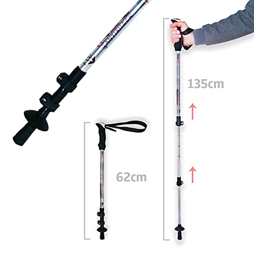 Bastón de Senderismo Pro Extensible Ajustable 62-135cm, con Palo telescópico de Aluminio Ligero para Caminar, Trekking, Marcha nórdica, Walking, Alpinismo, Viajes y Excursiones