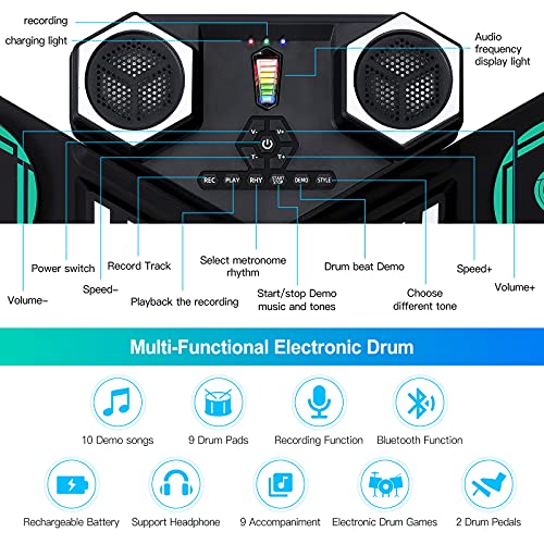 Batería Electrónica Portátil Tambor E-Drum Enrollable a Mano con 9 Almohadillas de Silicona Sensibles,Tambores Recargables, Altavoz Estéreo Incorporado Bluetooth, MIDI, para Niños Principiantes