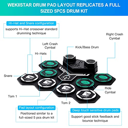 Batería Electrónica Portátil Tambor E-Drum Enrollable a Mano con 9 Almohadillas de Silicona Sensibles,Tambores Recargables, Altavoz Estéreo Incorporado Bluetooth, MIDI, para Niños Principiantes