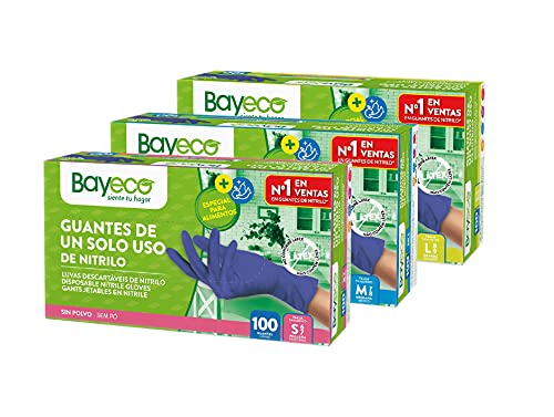 Bayeco - Guantes de un solo uso de Nitrilo - Color Azul - Ambidiestros - Terminación bordillo enrollado - Dedos texturizados para mejor agarre - Pack dispensador de 100 unidades - Talla M