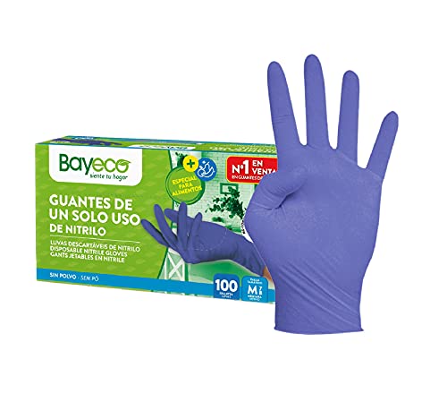 Bayeco - Guantes de un solo uso de Nitrilo - Color Azul - Ambidiestros - Terminación bordillo enrollado - Dedos texturizados para mejor agarre - Pack dispensador de 100 unidades - Talla M