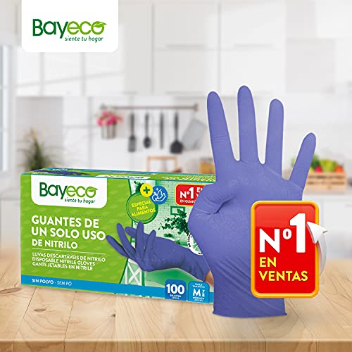 Bayeco - Guantes de un solo uso de Nitrilo - Color Azul - Ambidiestros - Terminación bordillo enrollado - Dedos texturizados para mejor agarre - Pack dispensador de 100 unidades - Talla M