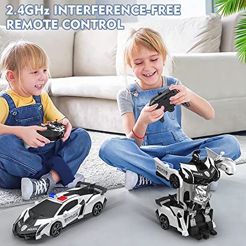 Baztoy Coche Teledirigido, 2 in 1 Coche & Robot Coches Policia Transformable, 2.4GHz Coche Radiocontrol con 360° Rotazione, Coches de Juguetes Niños 3-12 Años para Regalo Navidad Juegos