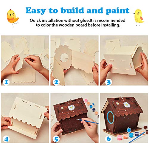 BBTO 3 Piezas Kits de Casa de Madera de Pájaros Construir y Pintar Casa de Pájaros Casas de Pájaros Colgantes con 12 Piezas Pinturas y 2 Piezas Pinceles para Bricolaje Artesanal Educativo