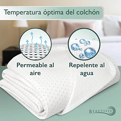 Beautissu Protector somier BEAUTECT embellecedor Cubre somier colchón con Nudos Tex ecológico Siegel Lavable Blanco 90x200 cm