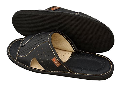 BeComfy Zapatillas de casa para Hombres 100% Cuero Genuino Punta Abierta | Ligera y Suave | Disponible en Tres Colores y con Caja de Regalo 40-46 EU Modelo XC64 (Negro, 43)