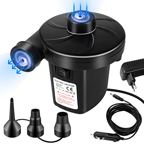 Becoyou Inflador Electrico, Bomba de Aire Electrica, 2 en 1 Desinflador para Colchón Hinchable, Barcos Hinchable y Piscinas Desmontables, Hinchador Electrico con 3 Boquillas, 240V AC / 12V DC