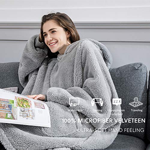 Bedsure Batamanta Mujer Polar Invierno - Bata Manta Hombre con Mangas, Sudadera Manta con Capucha, Blanket Hoodie de Tejido Felpa Suave con Bolsillo Frontal, Manta Bata Gigante Gris, 95x85