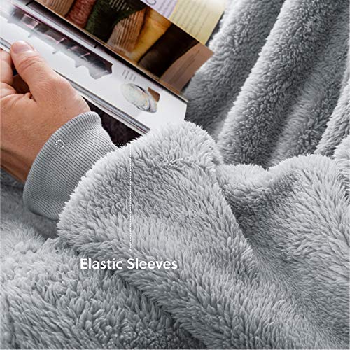 Bedsure Batamanta Mujer Polar Invierno - Bata Manta Hombre con Mangas, Sudadera Manta con Capucha, Blanket Hoodie de Tejido Felpa Suave con Bolsillo Frontal, Manta Bata Gigante Gris, 95x85