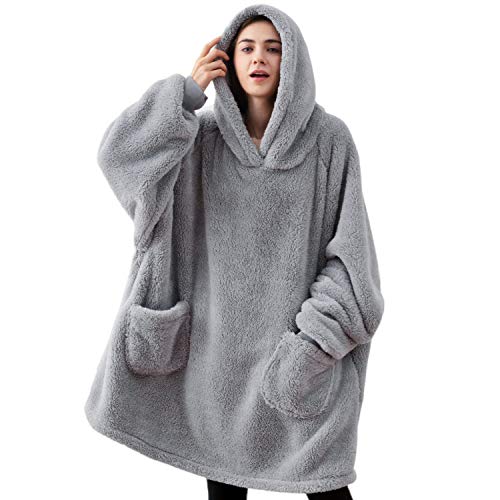 Bedsure Batamanta Mujer Polar Invierno - Bata Manta Hombre con Mangas, Sudadera Manta con Capucha, Blanket Hoodie de Tejido Felpa Suave con Bolsillo Frontal, Manta Bata Gigante Gris, 95x85