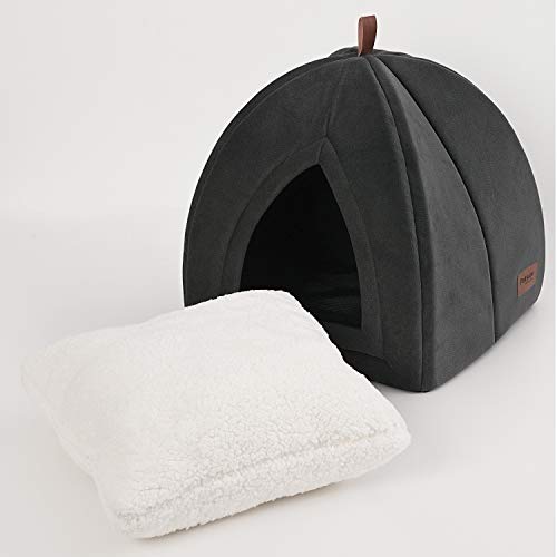 Bedsure Cama Gato Cueva Suave - Casa Gato Mediano Lavable con Cojín Desenfundable y Extraíble, Camas para Perros Pequeños 35x35x38cm, Gris Oscuro