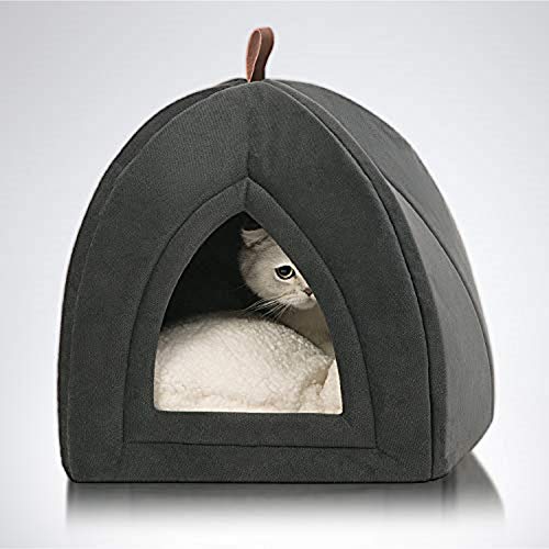 Bedsure Cama Gato Cueva Suave - Casa Gato Mediano Lavable con Cojín Desenfundable y Extraíble, Camas para Perros Pequeños 35x35x38cm, Gris Oscuro