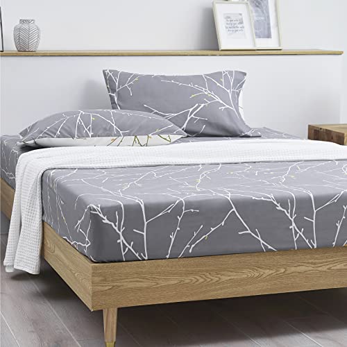 Bedsure Sabanas 135 x 190 - Juego Sábanas 135x190 4 Piezas Estampada con Bajera Cama 135 Ajustable, Encimera 135x200 y 2 Fundas de Almohada 50x80cm, Gris