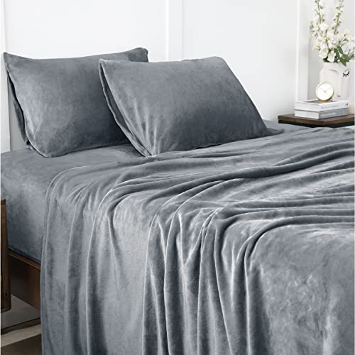 Bedsure Sabanas Coralina 135 Invierno - Juego Sábanas 135 x 190 Franela 4 Piezas, Sabanas Polar Termica Cama 135, Sabana Bajera Ajustable 135x190 con Encimera, Gris