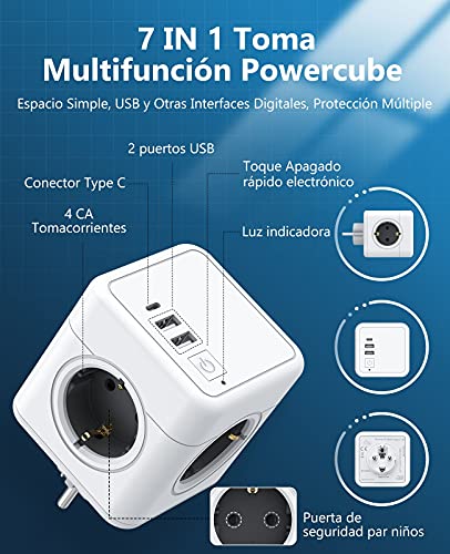 Beedove Enchufe USB, 7 en 1 Powercube Ladron Enchufes con 4 Tomas de CA, Type C y 2 Puertos USB (3.1A), Cubo Enchufe Multiple Pared con Interruptor, Compatible con Phone, Pad para Hogar Oficina Viajes