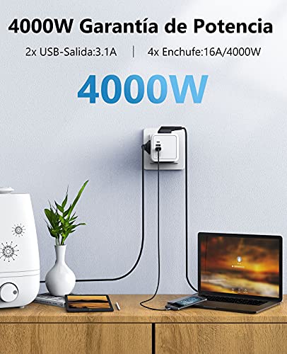 Beedove Enchufe USB, 7 en 1 Powercube Ladron Enchufes con 4 Tomas de CA, Type C y 2 Puertos USB (3.1A), Cubo Enchufe Multiple Pared con Interruptor, Compatible con Phone, Pad para Hogar Oficina Viajes