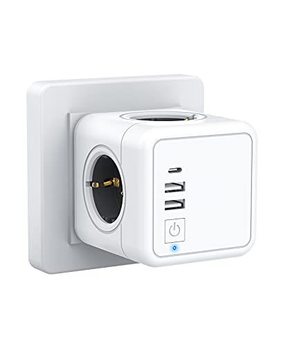 Beedove Enchufe USB, 7 en 1 Powercube Ladron Enchufes con 4 Tomas de CA, Type C y 2 Puertos USB (3.1A), Cubo Enchufe Multiple Pared con Interruptor, Compatible con Phone, Pad para Hogar Oficina Viajes